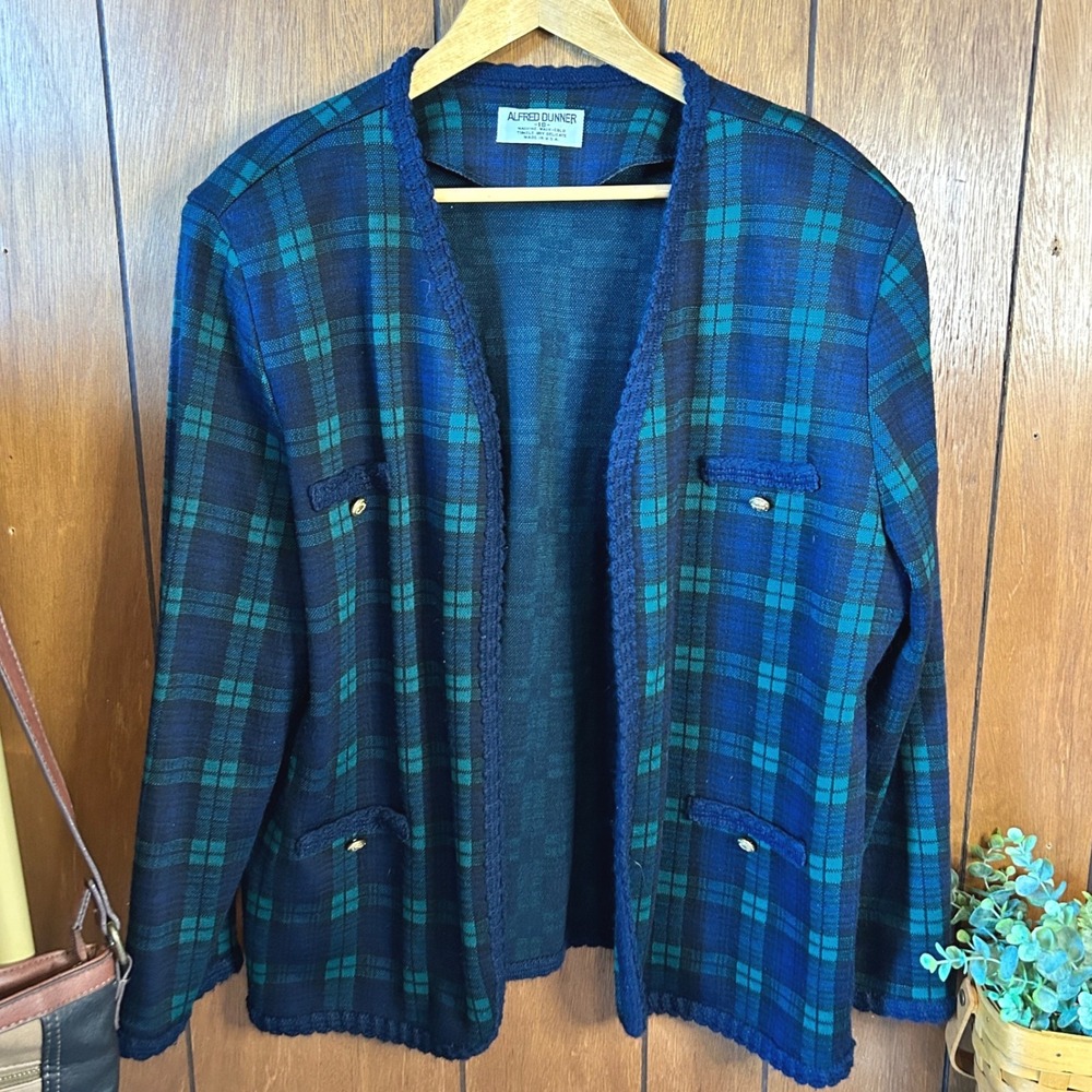 Alfred Dunner Womens Blazer Plaid Tweed‎ Style Open Front Cardigan Size 18 USA